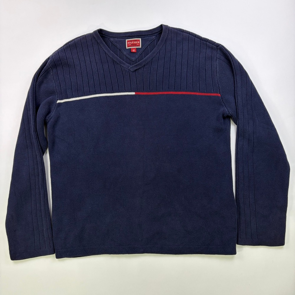 Y2K Tommy Hilfiger Red Label V-Neck Sweater Mens L Navy Blue Ribbed Knit Stripe